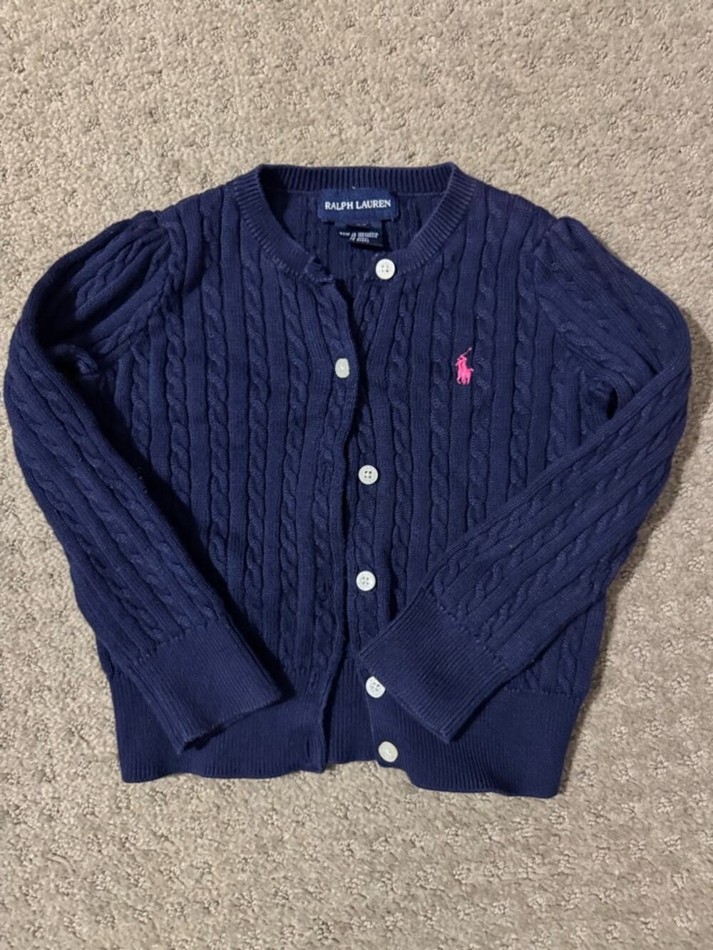 Ralph Lauren Navy Cable-Knit Cardigan with Pink Pony
